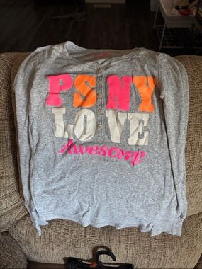 Girls' Gray Long-Sleeve Graphic Top with Neon Pink & Orange Lettering